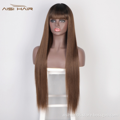 Aisi Hair Top Quality Cheap Long Silky Straight Fiber Wigs High Temperature Synthetic Fiber Wig Ombre Brown Wigs Wiht Bangs